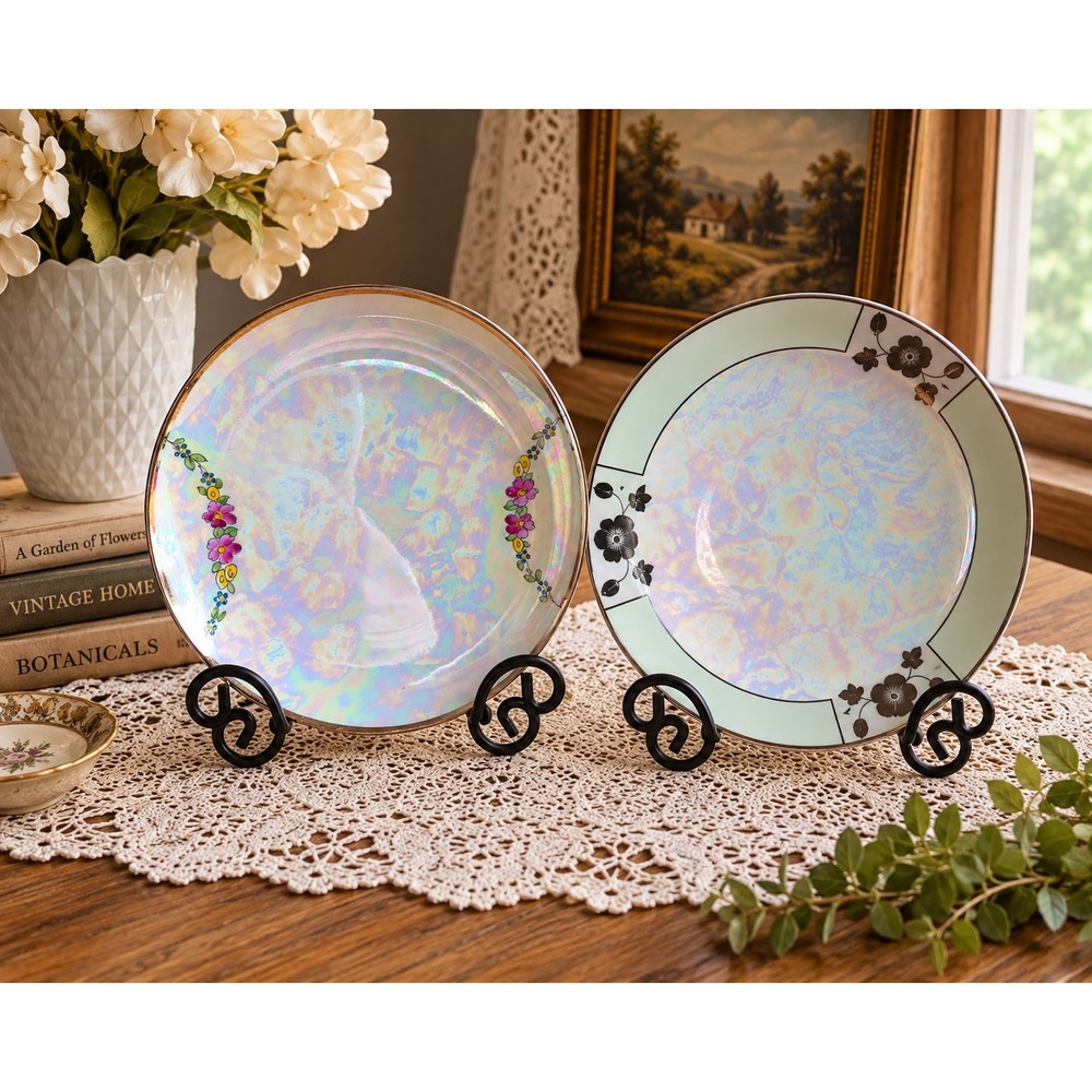Vintage Hand Painted Porcelain Plates Set of 2 Jorgensen Thomas Bavaria Iridesce